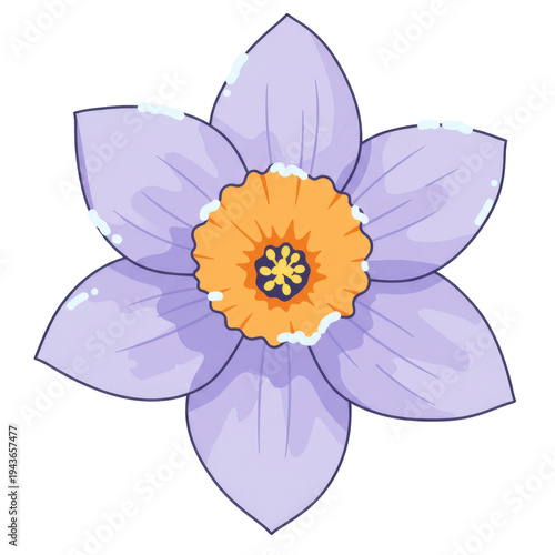 Stylized daffodil with lavender petals and orange center, floral illustration isolated on white background