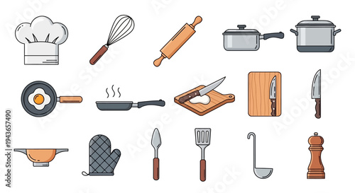 Assorted Kitchen Cooking Items Set with Chef Hat, Frying Pans, and Knives on Isolated White Background