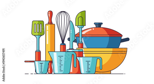 Colorful Kitchen Utensils Set with Whisk, Spatulas, and Pot in a Bowl on Isolated White Background