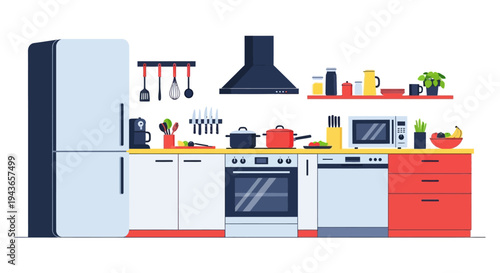 Vibrant Modern Kitchen Interior with Red and Blue Cabinets and Appliances in Bright Studio