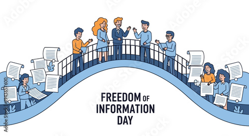 Illustration of people exchanging information on a bridge for Freedom of Information Day, symbolizing public access to data and the right to know.