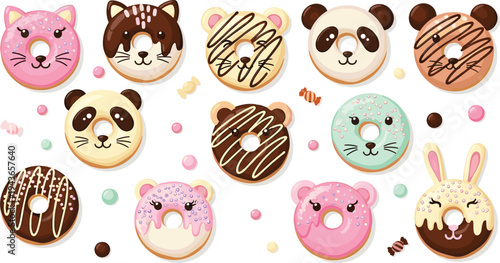 Cute animal face donuts collection with cat panda bear and rabbit characters, colorful kawaii dessert vector illustration set