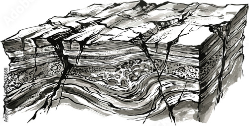 Geological cross-section illustrating rock layers and fault lines in a stratified earth structure