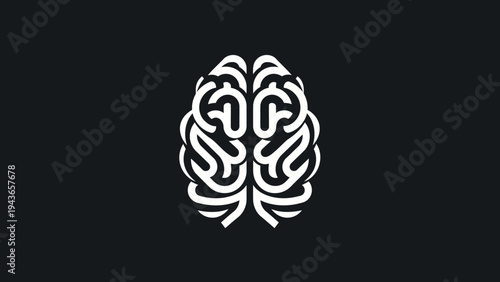 Stylized White Brain Icon on Black Background.