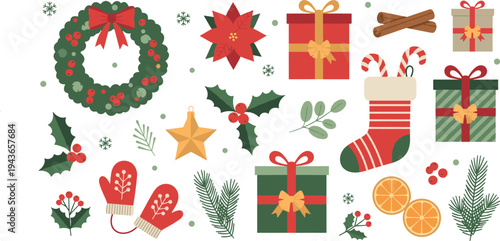 Christmas Holiday Decorations Collection with Wreath, Poinsettia, Gift Boxes, Mittens, Candy Cane, Pine Branches and Festive Winter Elements Vector Set