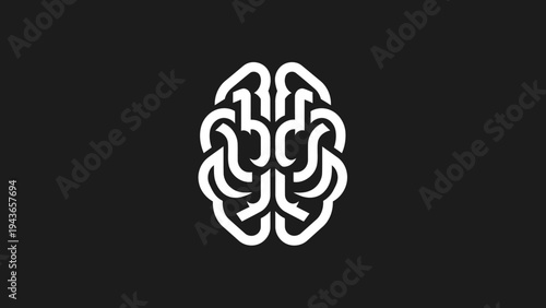 Stylized White Brain Icon on Black Background.