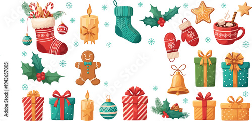 Christmas Holiday Elements Collection with Gifts, Stockings, Gingerbread Man, Candle, Bells, Mittens, Hot Drink and Festive Winter Decorations Vector Set