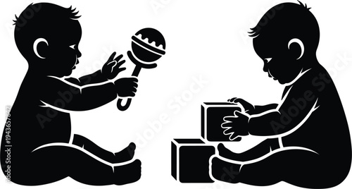 Baby silhouette illustration set, cute toddler playing with toy blocks and rattle, child development concept isolated on white background for parenting design