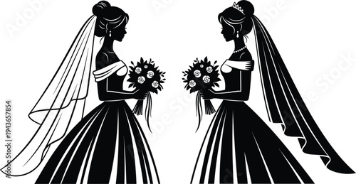 Bride silhouette illustration set, elegant wedding bride with bouquet and veil, bridal fashion design isolated on white background for marriage celebration concept