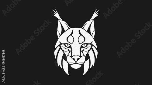 Stylized White Lynx Head Illustration on Black Background.