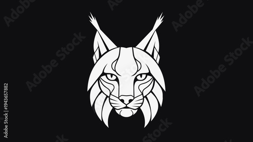 Stylized White Lynx Head Illustration on Black Background.