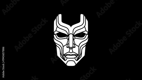 Stylized White Mask With Geometric Lines On Black Background.