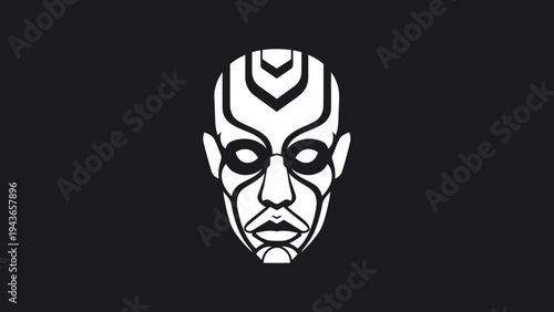 Stylized White Masked Face with Geometric Patterns.