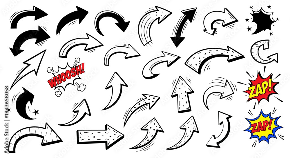 Naklejka premium Collection of dynamic comic book arrows and effects on transparent background silhouette