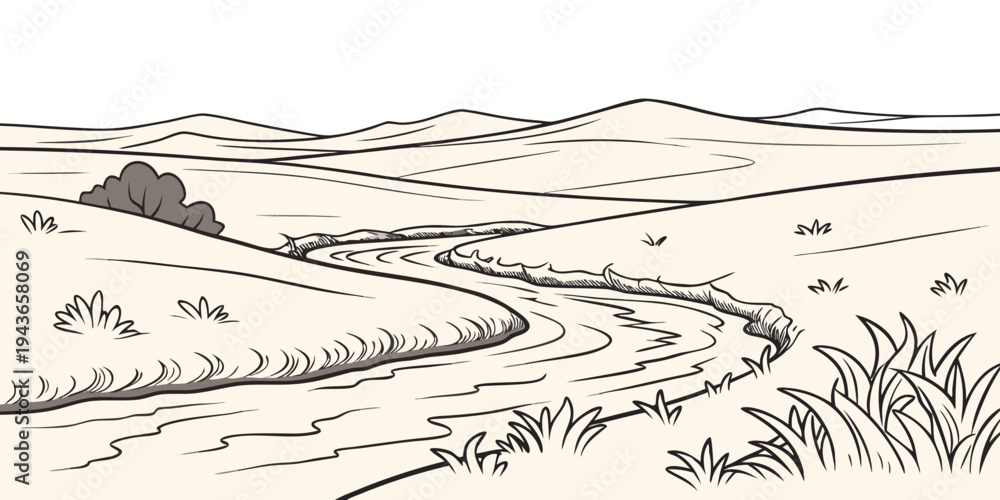 Fototapeta premium A serene landscape illustration of a winding river through rolling hills and grassy fields with a tree and mountains in the background