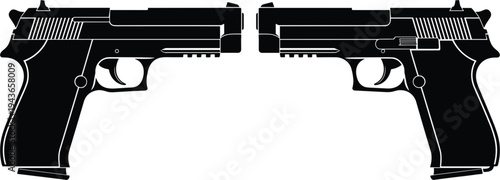 Dual pistol silhouette illustration, mirrored handgun icon, firearm weapon symbol, tactical gun design isolated on white background for security defense concept artwork graphic element