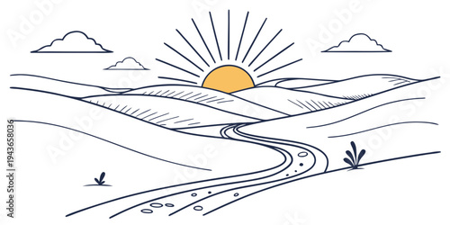 A black and white line drawing of a road going through hills with a sun and clouds