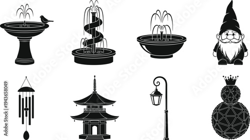 Garden decor silhouette set featuring outdoor fountains garden gnome wind chimes japanese pagoda and decorative landscape ornaments for backyard exterior design vector illustrations.