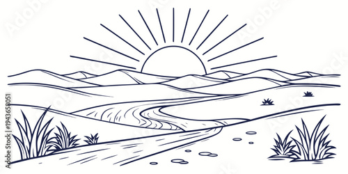 A serene desert landscape at sunrise with sandy dunes and sparse vegetation under a radiant sun