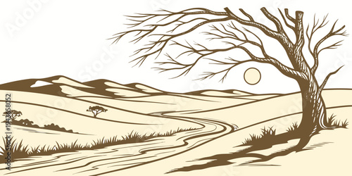 A sepiatoned illustration of a barren tree standing alone on a winding road in a desert landscape with rolling hills and a full moon in the background