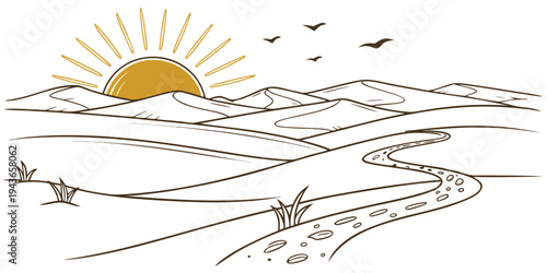 A serene desert landscape at sunrise with a winding road and footprints leading to the horizon under a bright sun with birds flying overhead in a simple line drawing style