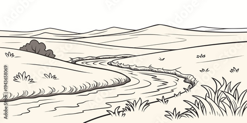 A serene landscape illustration of a winding river through rolling hills and grassy fields with a tree and mountains in the background