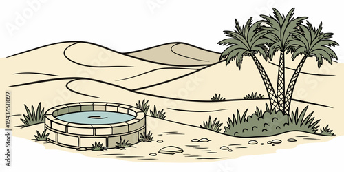 A serene desert oasis with a small pool of water surrounded by palm trees and sandy dunes under a clear blue sky with no clouds visible anywhere