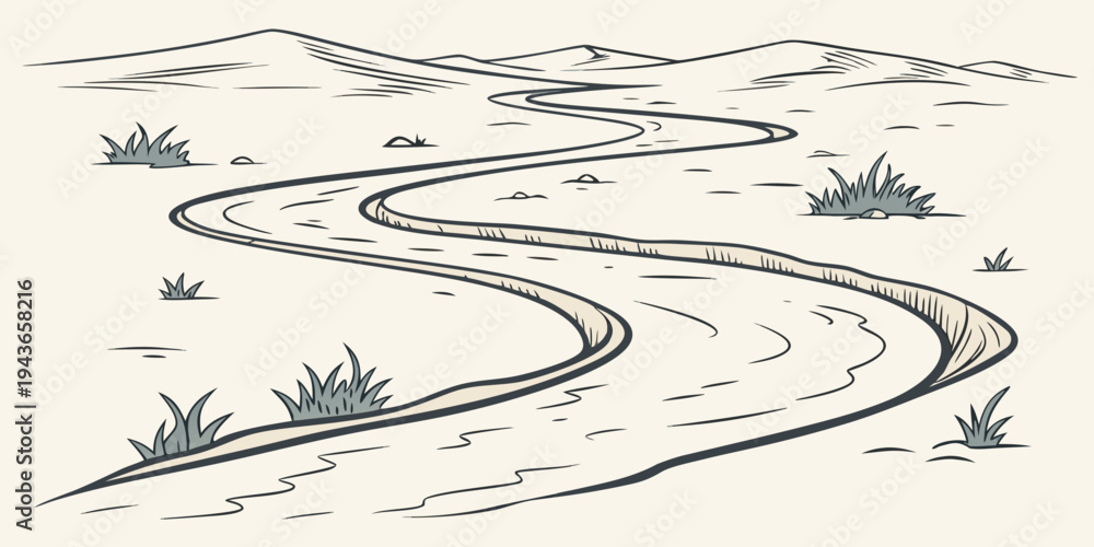 Obraz premium A black and white illustration of a winding road through a desert landscape with sparse vegetation and hills in the background on a beige background