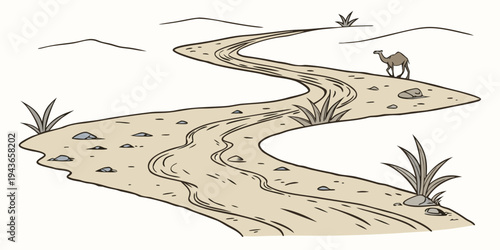 A desert landscape with a winding sandy path and a camel standing on the right side