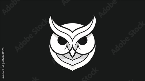 Stylized White Owl Face Emblem on Black Background.