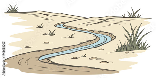 A winding stream runs through a desert landscape with sandy dunes and sparse vegetation