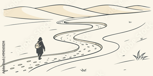 A person walking alone on a winding desert road with hills in the distance and sparse vegetation on a beige background