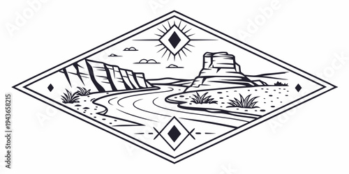 Black and white illustration of a desert landscape with a road and rock formation under a sunny sky with clouds and decorative diamond shapes