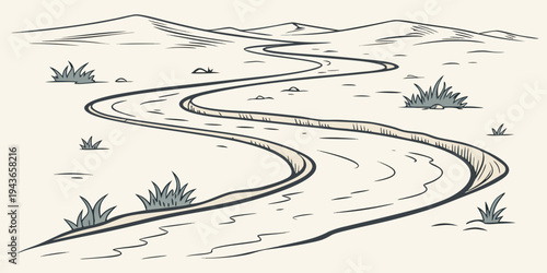 A black and white illustration of a winding road through a desert landscape with sparse vegetation and hills in the background on a beige background