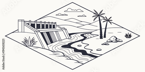 Black and white illustration of a dam with a river flowing through a desert landscape with palm trees and rocks