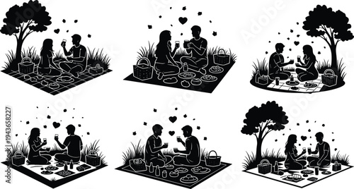 Romantic picnic couple silhouettes set, love dating scene collection, outdoor relationship illustration, romantic park picnic moments isolated on white background for Valentine design