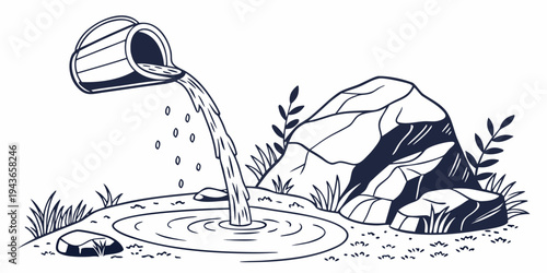 A black and white illustration of a watering can pouring water onto a puddle surrounded by rocks and grass