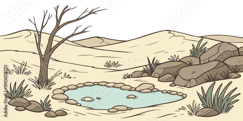A serene desert oasis with a small pond surrounded by rocks and sparse vegetation under a white sky