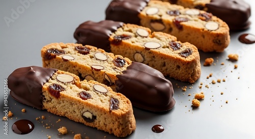 Delicious chocolate-dipped biscotti with nuts and dried fruits are arranged on a clean surface.