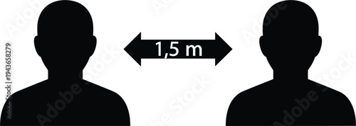 Social distancing silhouette concept, two people keeping 1.5 meter distance, safety prevention symbol isolated on white background for health protection guideline illustration