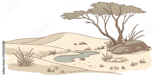 A serene desert oasis with a small pond and tree on sandy terrain with rocks and grass