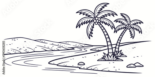 Black and white illustration of two palm trees on a sandy beach with a winding path and rocks