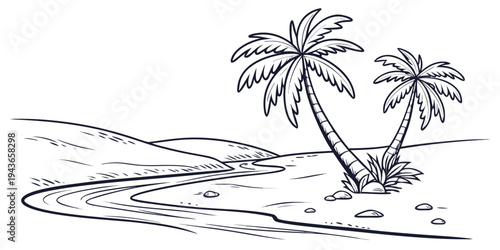 Black and white illustration of two palm trees on a sandy beach with a winding path