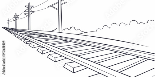 Railway tracks with power lines and wooden sleepers