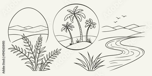 A black and white line drawing of a scenic landscape with palm trees and plants on a beige background