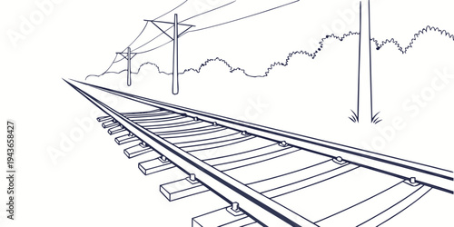 Railway tracks with overhead wires and poles on a for transportation and infrastructure concepts