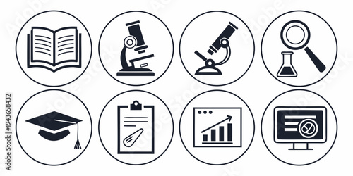 A set of icons representing education and science
