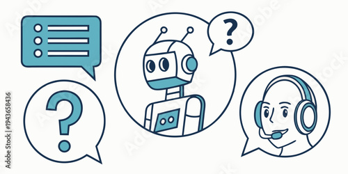 Robot and human in conversation with question marks and speech bubbles
