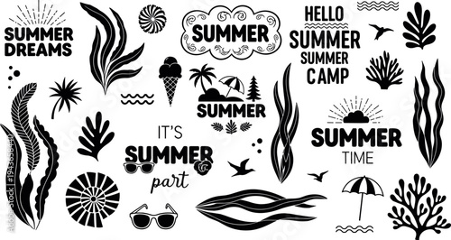 Summer beach holiday doodle set, ocean waves palm trees seagull shells surfboard sunglasses coconut cocktails, hand drawn vector line art.