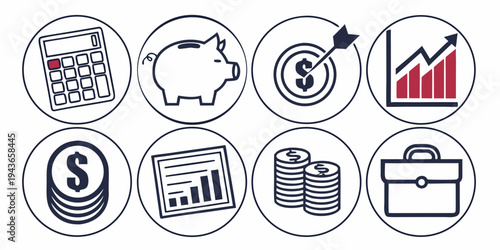 A set of icons related to finance and business including calculator piggy bank dollar coin with arrow growing graph stack of coins computer with graph briefcase and dollar symbol